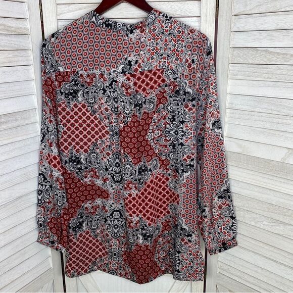 Ellen Tracy Multi Print Ruffle Front Blouse Small Red Black 3/4 Button - Picture 9 of 11